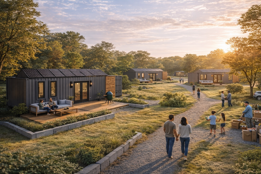 Modern container home community with solar panels, people walking along paths, and sustainable small homes in a natural setting at sunset.