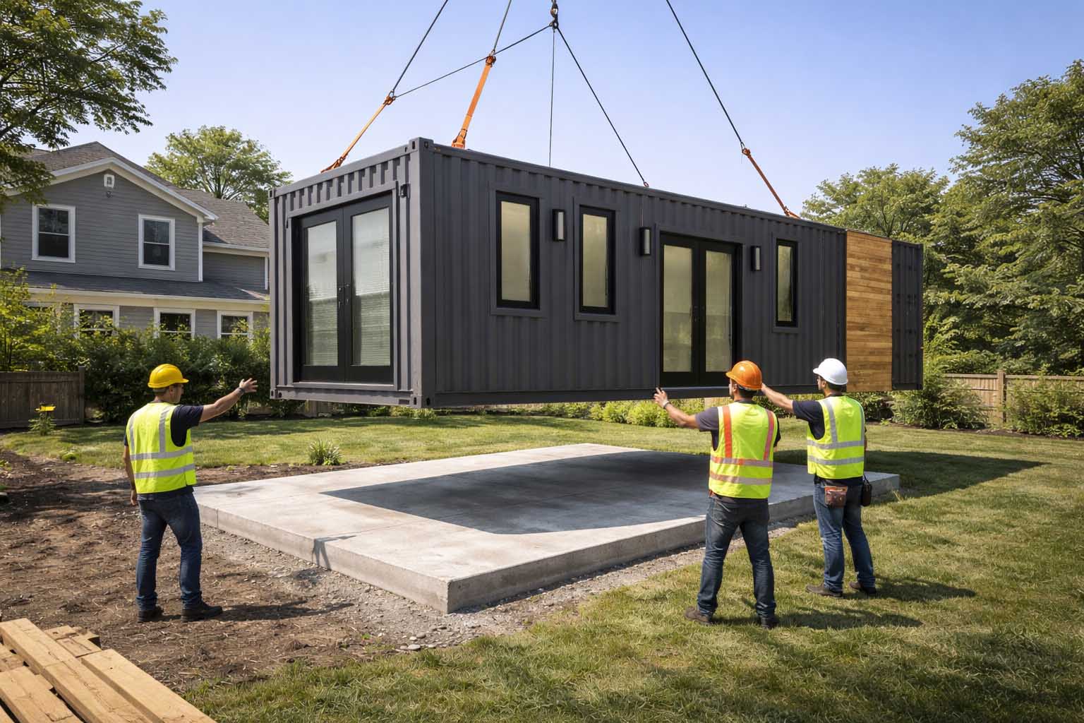 Crane lifting and installing a container ADU in a backyard while workers guide placement on a concrete foundation.