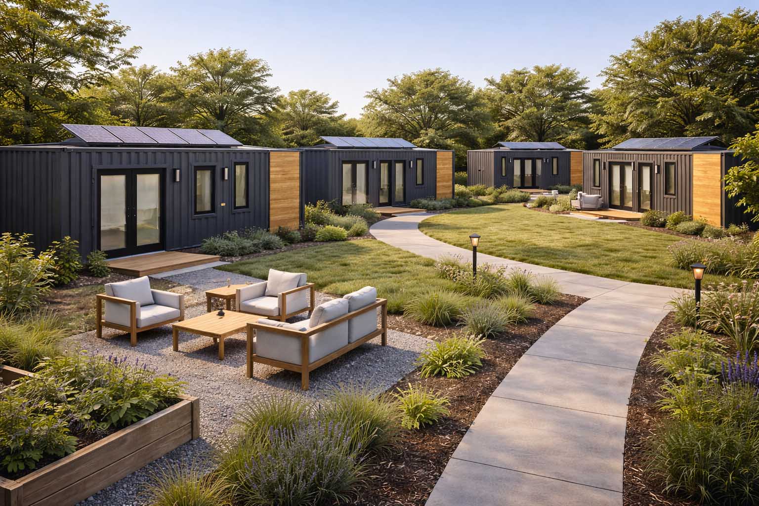 Container home community with landscaped gardens, outdoor seating area, and walking paths in a modern residential setting.