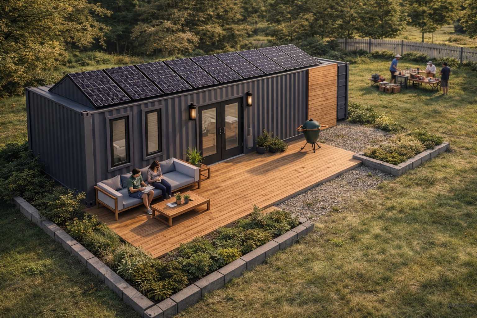 Modern container home with solar panels, wooden deck patio, and outdoor seating area, showcasing sustainable and minimalist living design.